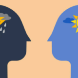 Illustration of two heads, one with rain inside and one with sunshine inside