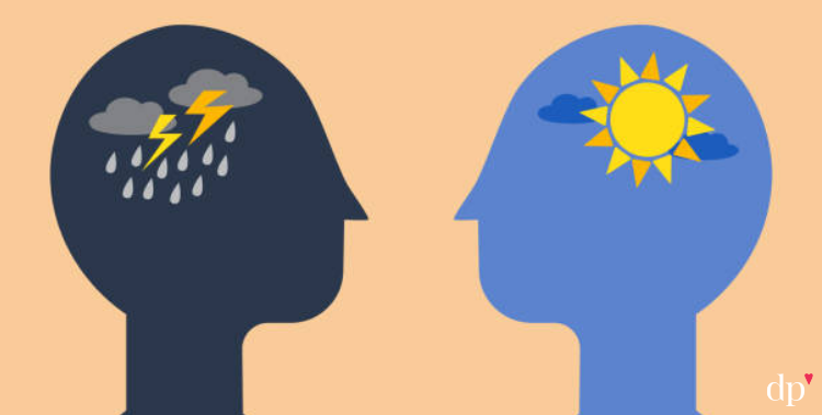 Illustration of two heads, one with rain inside and one with sunshine inside